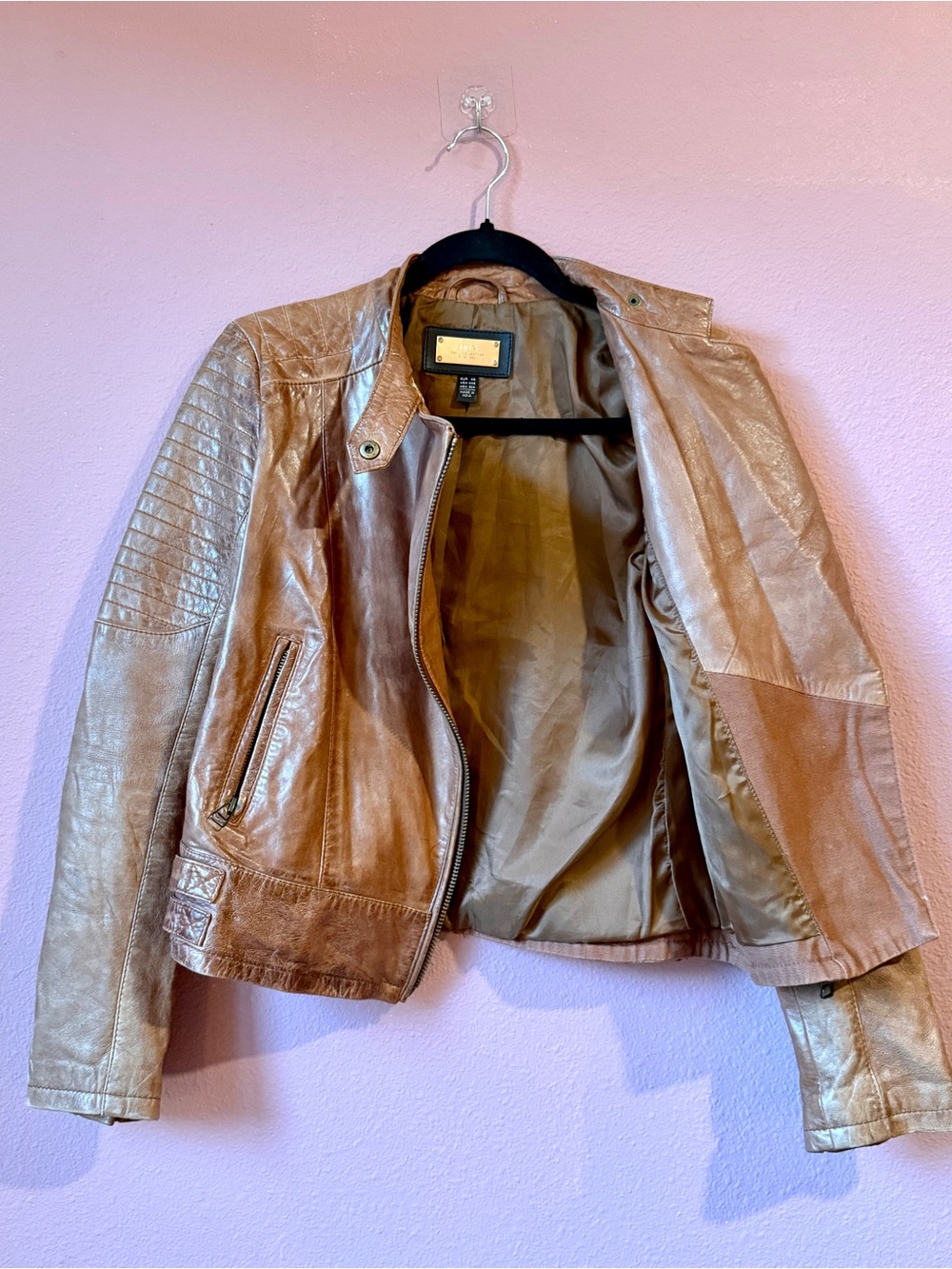 Women's Metallic Tan Leather Moto Jacket